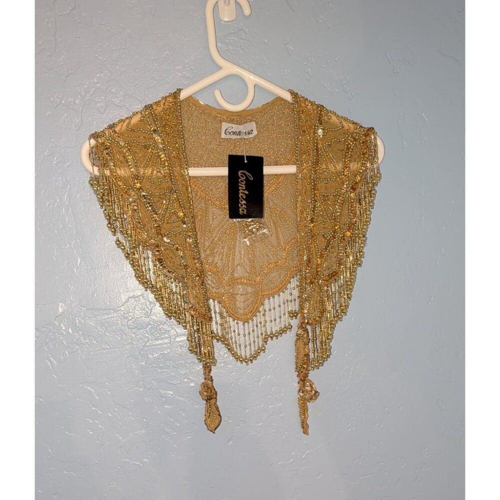 Gold Beaded Fringe Shawl Wrap New Years Christmas Party Festive - Picture 9 of 12